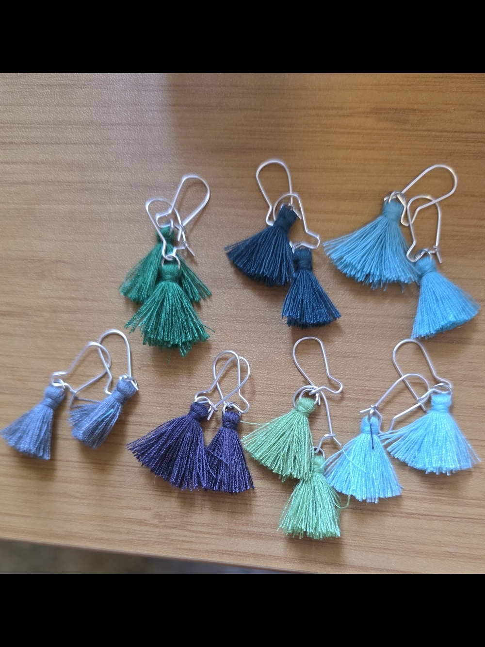 Earrings-7 Pairs of Fun, Boho Tassel Drop Earrings In Shades Of Blues & Greens.